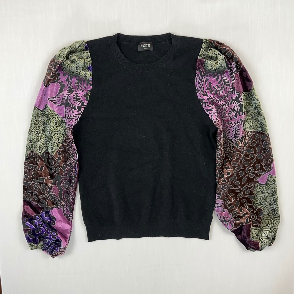 Fate Small Black Crewneck Sweater Velvet Puff Statement Sleeve Mixed Media